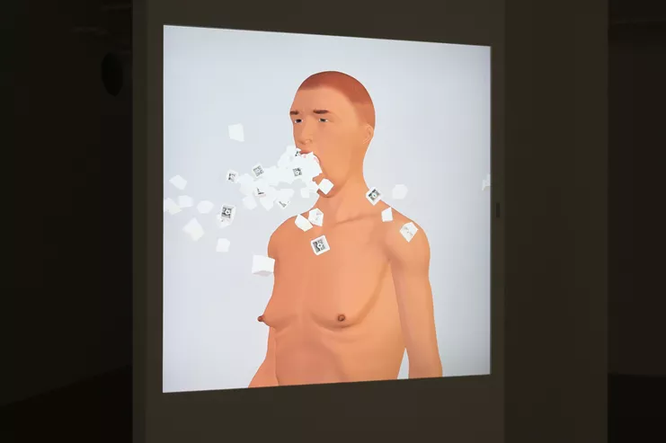 Shu Lea Cheang: «UTTER» (2023), still video. Mixed media installation. Two video loops, UTTERING (36’26”), PARAMETERS (36’26”), two modified candy dispensers (each 140 x 16 cm), 1500 units of 3D-printed blank computer keycaps (each 40 mm). Courtesy the artist. Commissioned by Kunsthall Trondheim, Art Hub Copenhagen, Tropical Papers, State of Concept Athens and Swiss Institute New York, and funded by the European Union