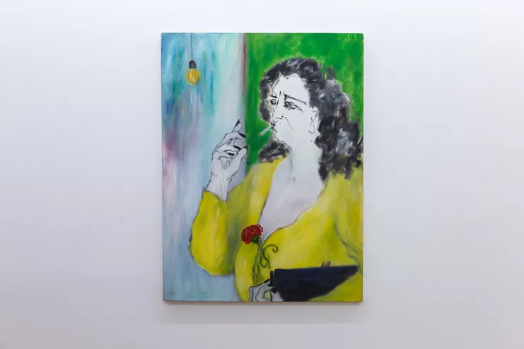 Αλεξάνδρα Χρήστου, &quot;Woman with cigarette and purse&quot;, 1989 oil on canvas 100 x 76 cm., 39.37 x 29.921 in. © the artist. Courtesy the artist and The Breeder, Athens
