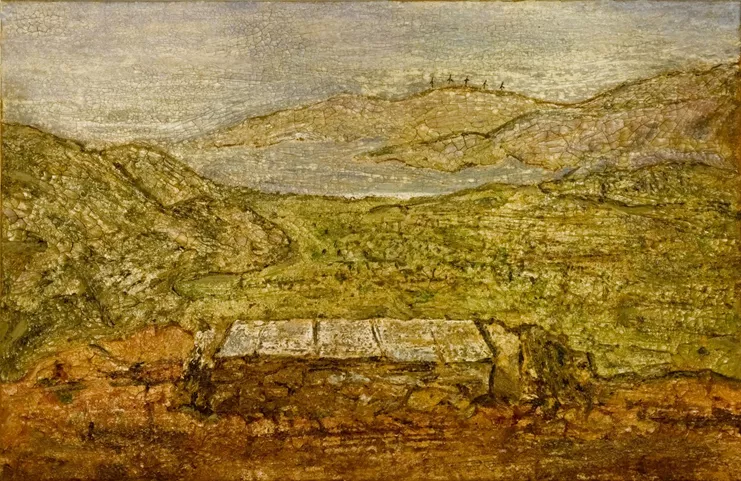 χωρίς τίτλο, ακρυλικά, λάδια, πηλός, πριονίδι σε καμβά, 75 x 115 εκ.