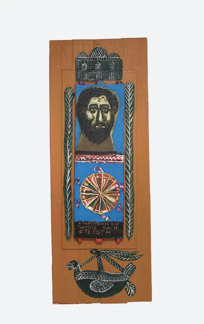 Τάσος Μαντζαβίνος, Ο άγιος και η φτερωτή, 2017, ακρυλικό σε ξύλο
