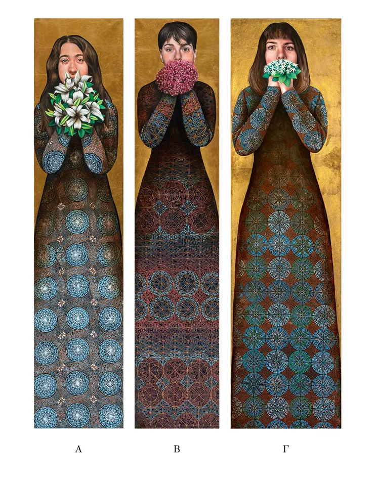 Α. Ασιατικοί κρίνοι για μια ασήμαντη αφορμή. (198 × 43 εκ., λάδια, ακρυλικά, φύλλα χρυσού σε καμβά) Β. Βιολέτες της βροχερής μέρας. (198 × 41 εκ., λάδια, ακρυλικά, φύλλα χρυσού σε καμβά) Γ. Γιασεμί από τη γιορτή του γάμου. (198 × 53 εκ., λάδια, ακρυλικά, φύλλα χρυσού σε καμβά)