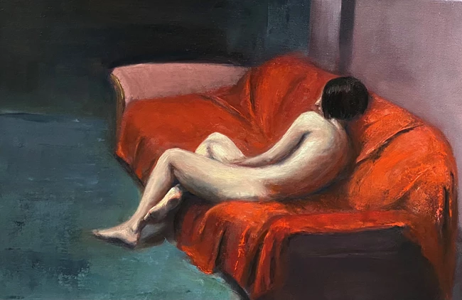 Δέσποινα Καραντάνη, Γυμνό στο κόκκινο (2020), Λάδι σε καμβά, 60 x 40 εκ