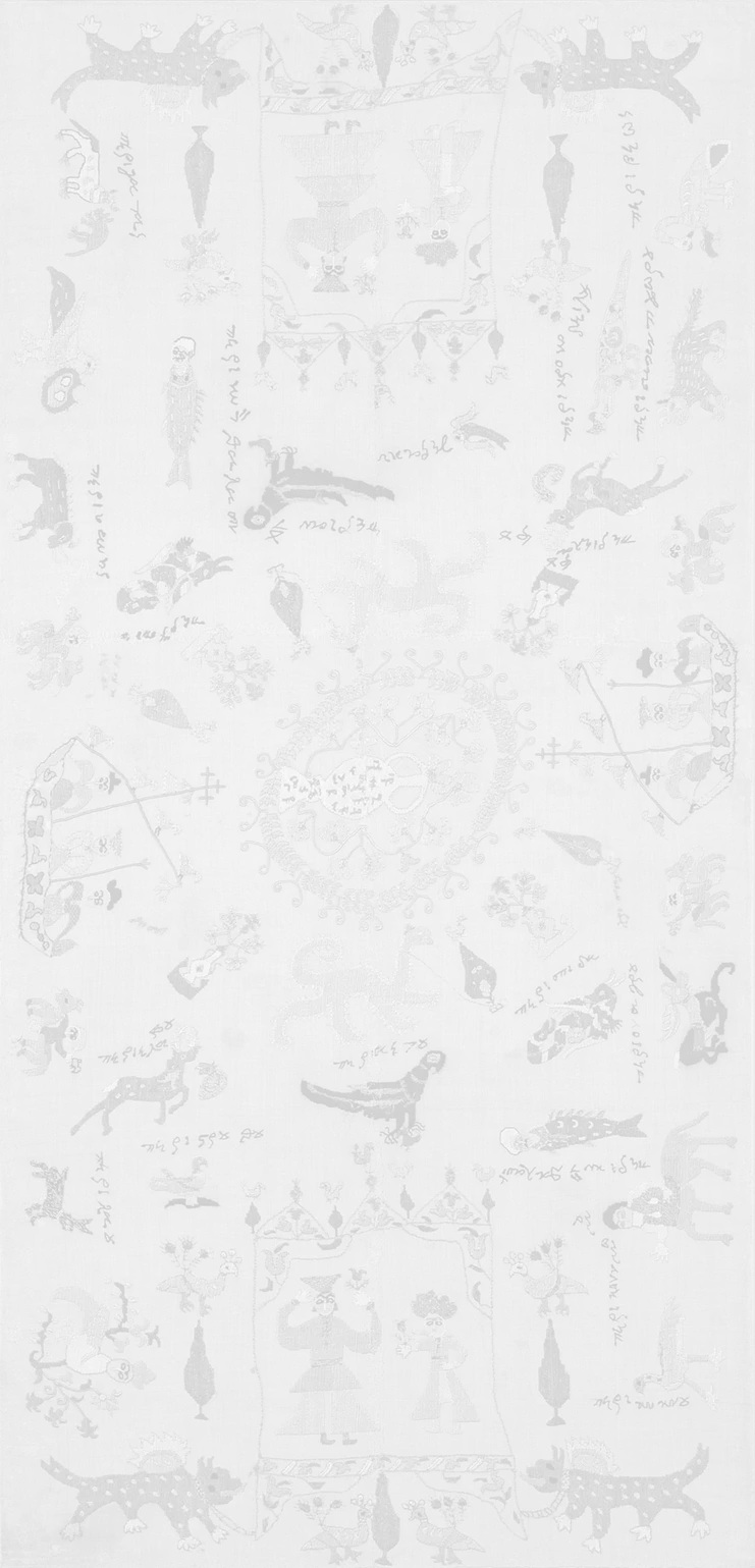Δειγματολόγιο κεντητικής με επεξηγηματικές επιγραφές για τα επιμέρους θέματα, Σκύρος, τέλη 18ου αι. Βαμβάκι και μετάξι. Μουσείο Μπενάκη ΓΕ 6412. Δωρεά Ιωάννη Τρικόγλου