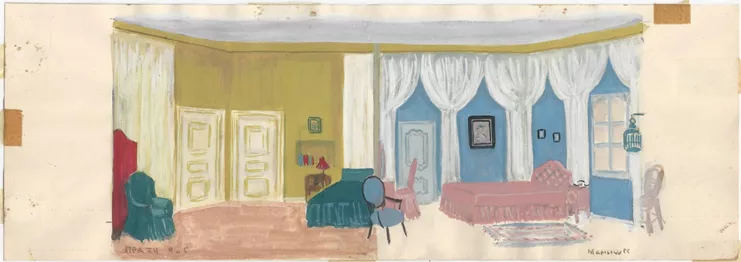 Μακέτα σκηνικού για την παράσταση του έργου των Αλέξ Τζοφέ και Ζαν Ζιλτέν, Οι τρέλες της Φλωράνς, (θίασος Βασίλη Διαμαντόπουλου – Μαρίας Αλκαίου, θέατρο Αθηνών, 1955), συλλογή Χριστίνας Αραβαντινού