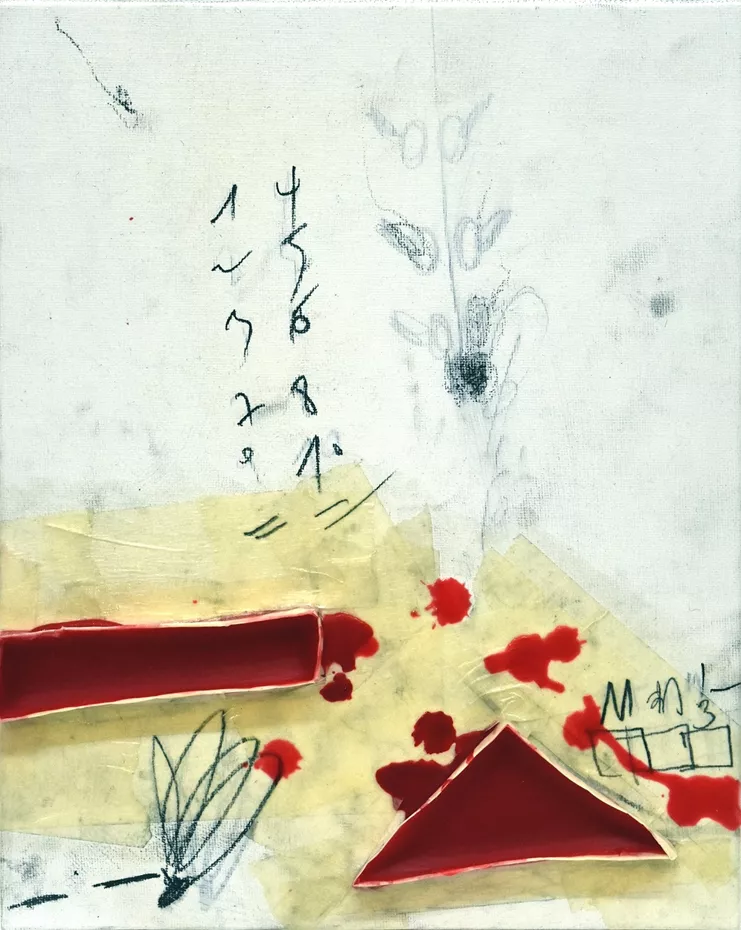 Χωρίς τίτλο, Ενότητα Stoff-Griff [Λαβή ύλης], 2018 - 30 x 21 εκ. (Κερί, μολύβι, γραφίτης, κολάζ, χαρτοταινία σε καρτολίνο). Ευγενική παραχώρηση του καλλιτέχνη