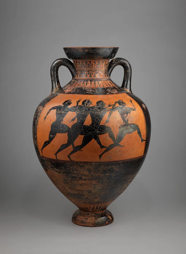 Αττικός μελανόμορφος παναθηναϊκός αμφορέας με παράσταση Αθηνάς Προμάχου και αθλητές σε αγώνα δρόμου. Αποδίδεται στον ζωγράφο του Ευχαρίδη. 525-500 π.Χ. Των Αθήνηθεν άθλων. Παναθηναϊκοί αμφορείς από το Τορόντο του Καναδά στη γενέθλια γη