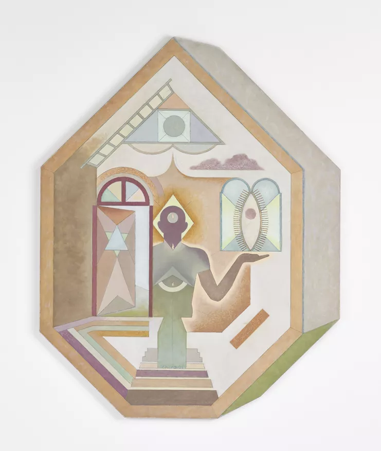 Alexandru Chira, &quot;House of the Geometer with Shuttle and Cloud&quot;, 1991. Oil and pencil on canvas 137 x 108 cm. Signed and dated. Courtesy of The Estate of Alexandru Chira and Fitzpatrick Gallery, Paris