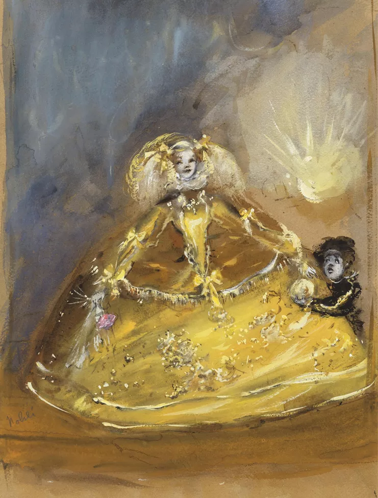 Ρουί Μπλας, 1959, Θεατρικό έργο του Βίκτωρ Ουγκώ σε πέντε πράξεις, Σκηνοθεσία: Ρεϋμόν Ρουλώ, Παρίσι, Κομεντί Φρανσαίζ. Η Κλωντ Γουίντερ ως Μαρία του Νόιμπουργκ, Βασίλισσα της Ισπανίας, Γκουάς σε χαρτί, 34,3 x 25,8 εκ.