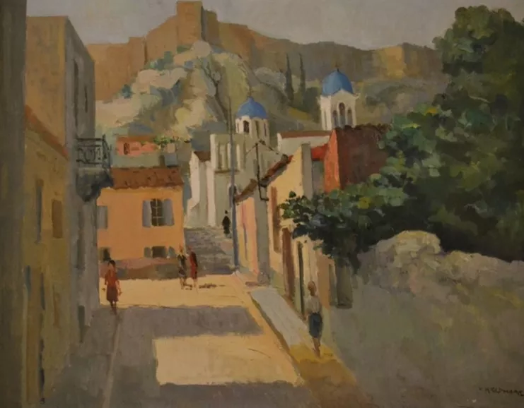 Μπάρμπας Κωνσταντίνος (1928-1983), &quot;Πλάκα. Άγιος Νικόλαος Ραγκαβάς&quot;. Λάδι σε χαρτόνι