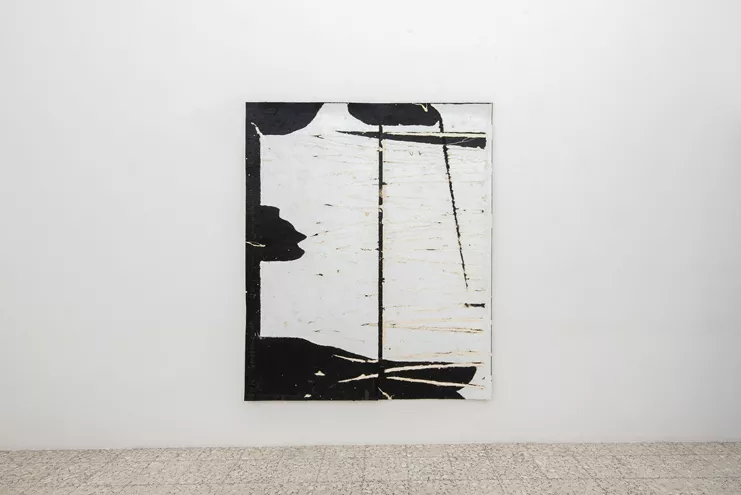 Σωκράτης Φατούρος, "Genesis E", 2023, bitumen sheet, liquid polyurethane steel, 225 x 187 cm.