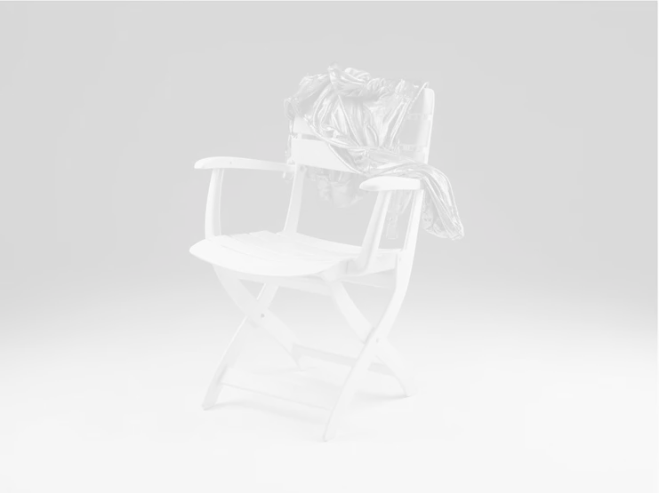 Vasilis Papageorgiou, Untitled (Solo chair III), 2021, Plastic chair and copper plated jacket, 65 x 90 x 58 cm, Unique, courtesy the artist