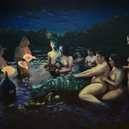 Στη "Θεογονία" του Θοδωρή Μπαργιώτα δυο ανταγωνιστικές φυλές πασχίζουν να απαλύνουν την τραγωδία της ανυπαρξίας του Θεού