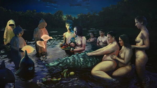 Στη "Θεογονία" του Θοδωρή Μπαργιώτα δυο ανταγωνιστικές φυλές πασχίζουν να απαλύνουν την τραγωδία της ανυπαρξίας του Θεού