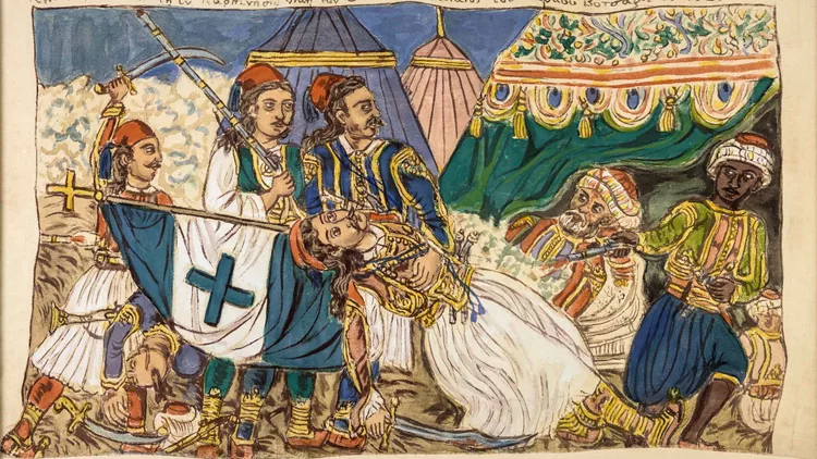 «Τῇ έν Καρπενησίῳ νίκῃ τῶν Ἑλλήνων. Ὁ θάνατος τοῦ Μάρκου Βότσαρη τὸ 1823», 1932. Ζωγραφική σε υπόλευκο βαμβακερό ύφασμα, 77,5 x 121 εκ. Συλλογή Μουσείου Θεόφιλου, Δήμου Μυτιλήνης.