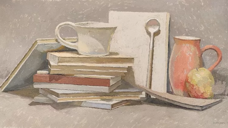 Μπαρή, Νεκρή φύση με βιβλία ΙΙΙ, λάδι σε μουσαμά, 40 x 20,5 cm, 2021