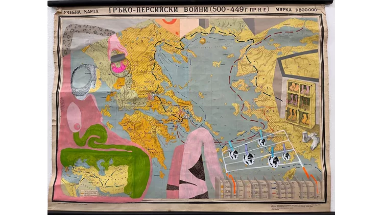 Χαρτογραφώντας τη Μνήμη: Sofia Rozaki «13033 left me on seen» - mixed media on old map 2020 90x95cm