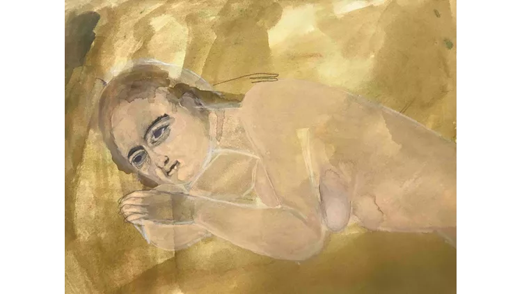 Jumana Emil Abboud, Reclining III, 51 x 36 εκ, 2018. Γκουάς, μολύβι, μελάνι και παστέλ σε χαρτί