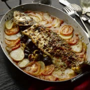 Τσιπούρες με πατάτες, ντοματίνια και ελιές στο φούρνο