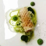 Kαλαμάρι με κολοκυθάκια ταρτάρ, αρακά, πουρέ, ντομάτα και βασιλικό